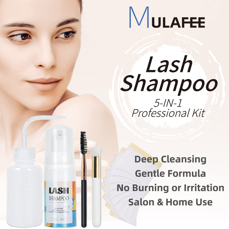 [Australia] - MULAFEE Eyelash Extension Cleanser, Lash Extension Shampoo Kit, Oils, Paraben & Sulfate Free Foaming 60 ML Eyelash Shampoo with Rinse Bottle and Soft Brush Safe for Salon Use and Home Care 