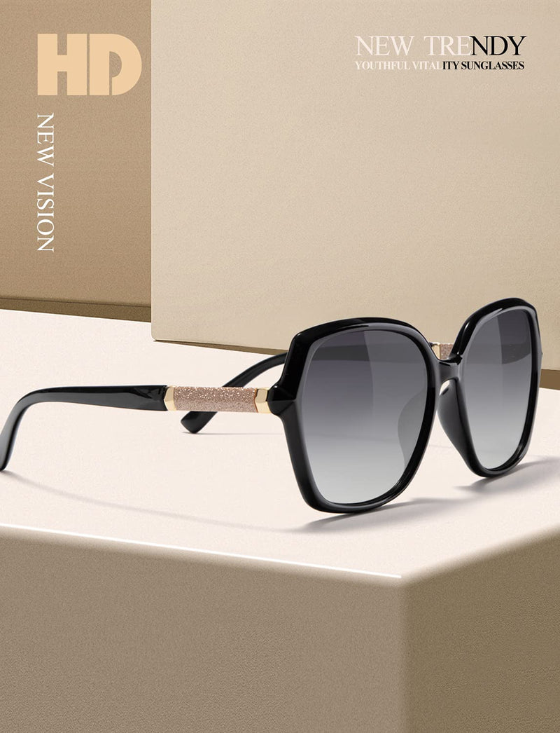 [Australia] - KALIYADI Classic Polarized Sunglasses for Women Trendy Square Sparkling Composite Shiny Frame -UV400 PROTECTION 01 Glossy Black Frame Grey Lens 