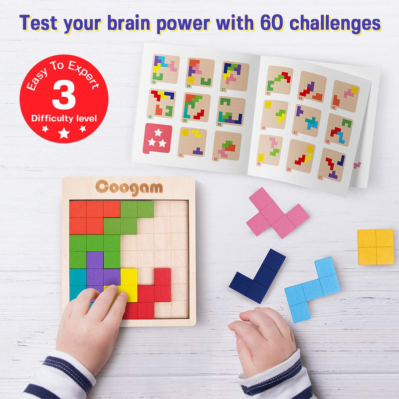 [Australia] - Coogam Wooden Puzzle Pattern Blocks Brain Teasers Game with 60 Challenges, 3D Russian Building Toy Wood Tangram Shape Jigsaw Puzzles Montessori STEM Educational Toys Gift for Kids Adults 