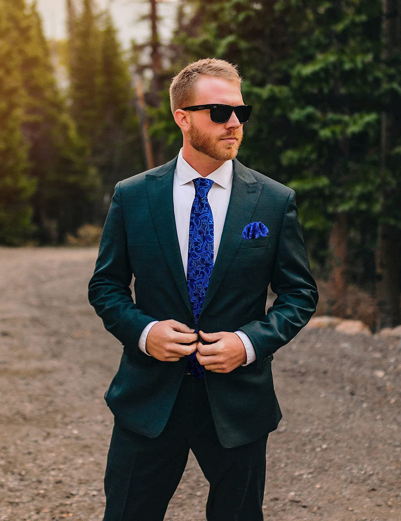 [Australia] - Paisley Tie Set for Men,Extra Long 61" Necktie Handkerchief Woven Classic Men's Floral Tie Pocket Square Set Wedding Party Blue 