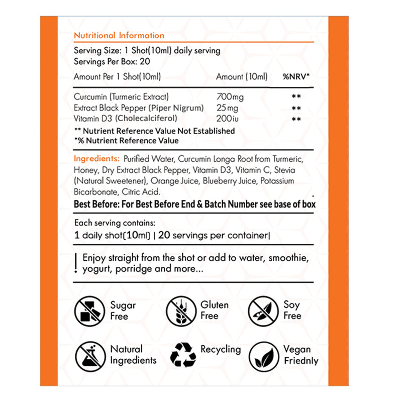 [Australia] - Pro Turmeric Shots and Black Pepper Vitamin C & D Supplement, 700mg Liquid Turmeric with Active Curcumin for Joint Pain Relief, Inflammation, and Immunity, 20 Shots per Box 