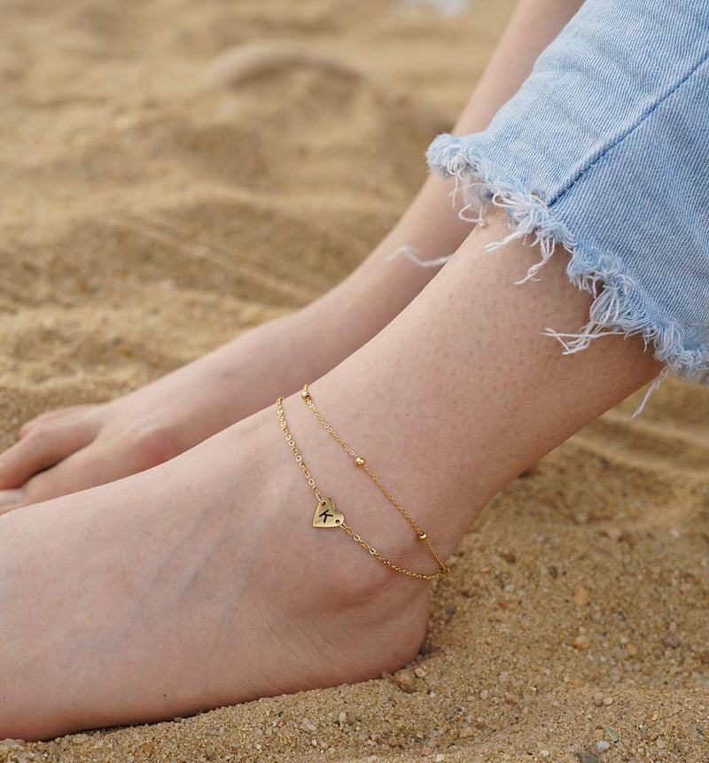 [Australia] - Initial Heart Anklet Bracelet Layered Heart Letters A to Z Alphabet Beads Chain Anklet for Women 14K Real Gold Plated Beach Foot Chain Jewelry 