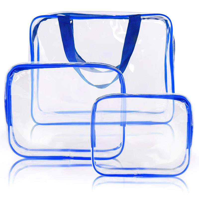 [Australia] - 3Pcs Clear Cosmetic Bag Air Travel Plastic Toiletry Pouch, Water Resistant Travel Toiletry Bag Set with Zipper Closure and Carrying Handle for Women Men, Make-up Brush Case Beach Pool Spa Gym Bags (Blue) Blue 