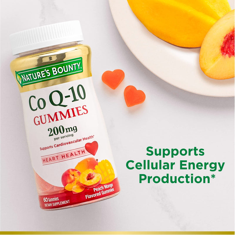 [Australia] - Nature's Bounty CoQ10 Gummies, Dietary Supplement, Supports Heart Health, 200mg, Peach Mango Flavor, Orange, 60 Count 