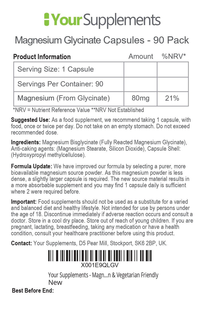 [Australia] - Your Supplements - Magnesium Glycinate - Pack of 90 Capsules | Vegan & Vegetarian Friendly | Improved Formula: Fully Chelated, Non-Buffered 90 Count (Pack of 1) 
