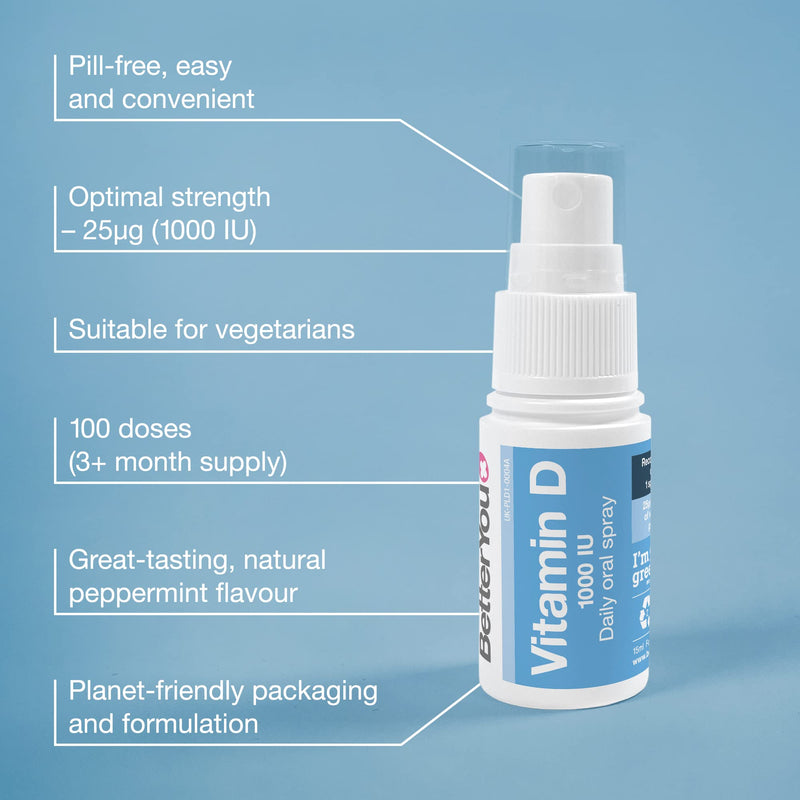 [Australia] - BetterYou Vitamin D 1000 IU Daily Oral Spray, Pill-free Vitamin D3 Supplement, Helps Maintain Vitamin D Levels, 3-month Supply, Made in the UK, Natural Peppermint Flavour Single 