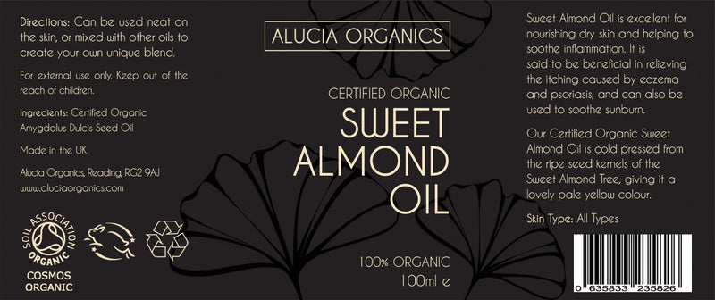 [Australia] - Alucia Organics Certified Organic Sweet Almond Oil 100ml - Pure, Natural, Cold Pressed, Certified Organic, Vegan, Cruelty Free, for Skin, Face, Body, Hair, Massage 