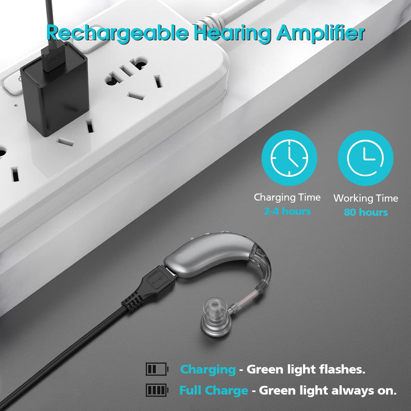 [Australia] - Accistella GM-105 Hearing Aids for Adults Seniors, Rechargeable BTE (Behind The Ear) Hearing Amplifier with Upgraded Noise Reduction, Silver Gray 