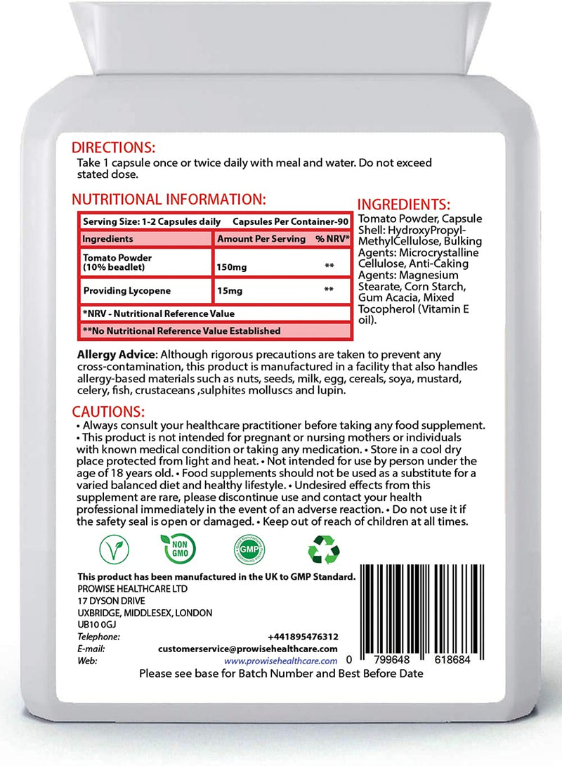[Australia] - Lycopene 10% Beadlet 15mg | 90 High Strength Lycopene Capsules | Natural Antioxidant | Vegetarian & Vegan Formula | UK Manufactured Under GMP Standards by Prowise Healthcare 