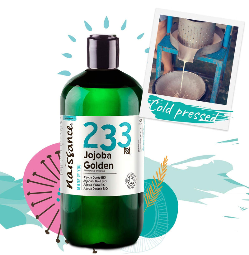 [Australia] - Naissance Organic Golden Jojoba Oil 500ml - Pure and Natural, Certified Organic, Unrefined, Vegan, Hexane Free, No GMO - Ideal for Aromatherapy and as a Massage Base Oil 