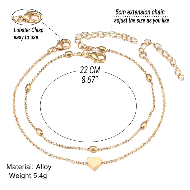 [Australia] - Fesciory Women Heart Anklet Adjustable Beach Layered Ankle Bracelets for Teen Girls Gold Alloy Foot Chain Jewelry 