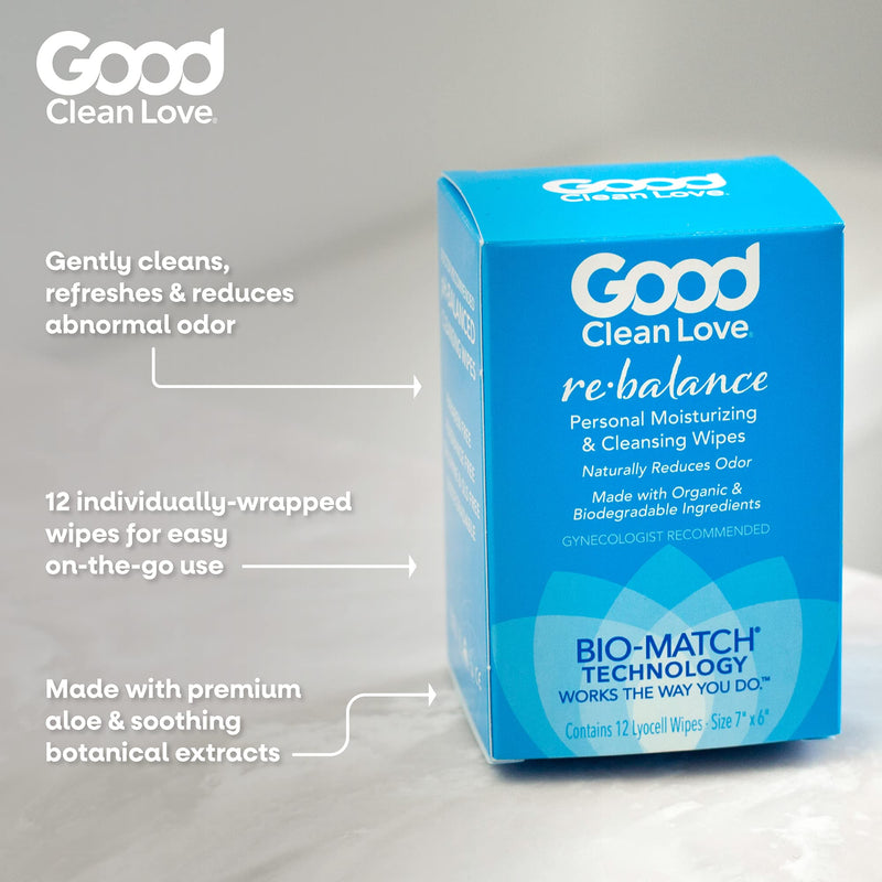 [Australia] - Good Clean Love Rebalance Personal Moisturizing & Cleansing Wipes, Naturally Reduces Odor & Supports Vaginal Health, pH-Balanced Feminine Hygiene Product, 12 Wipes 