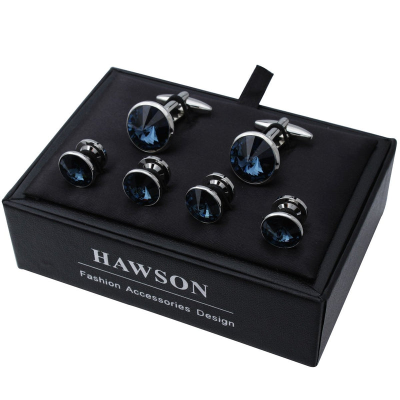 [Australia] - HAWSON Cufflink and Studs Tuxedo Set Silver Color with Swarovski Crystals in Jet Hematite, Dark Blue, Crystal Grey,Purple, Green Dark Blue(2 cufflinks & 4 studs) 