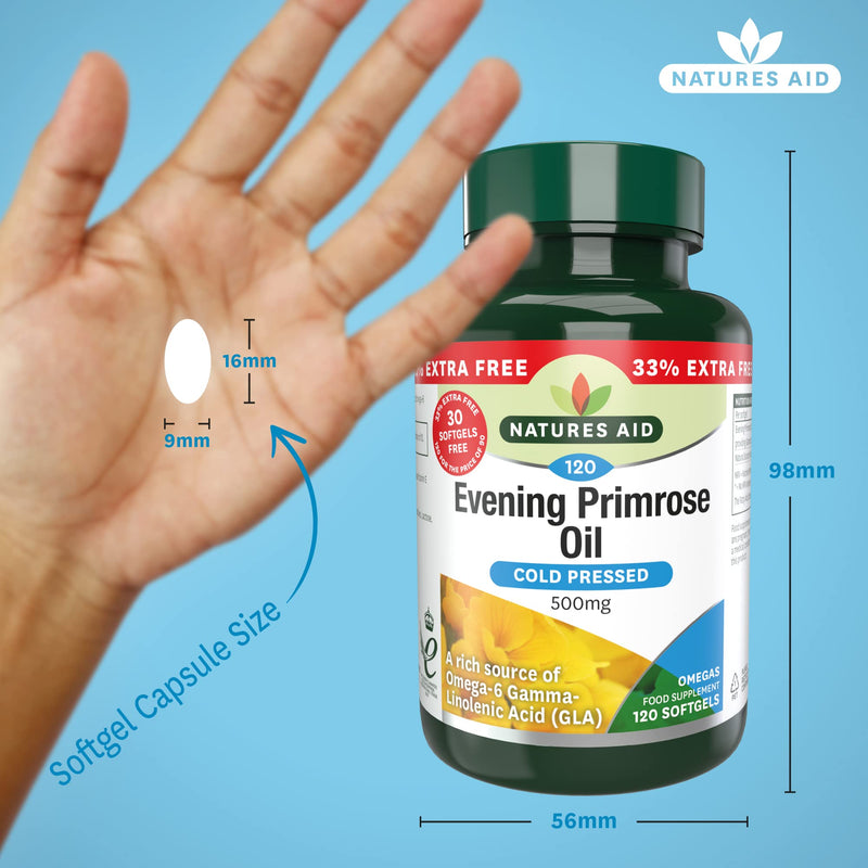 [Australia] - Natures Aid Evening Primrose Oil, 500 mg, 120 Softgels (Pure Cold Pressed Evening Primrose Oil, Omega-6 Gamma Linolenic Acid, Made in the UK) 120 Count (Pack of 1) 