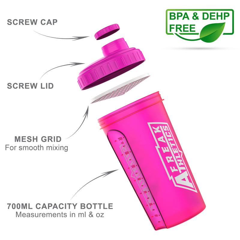 [Australia] - Protein Shaker Bottle 700ml Premium BPA Free shaker Bottle by Freak Athletics (Pink Transparent / Pink Lid) Pink Transparent / Pink Lid 