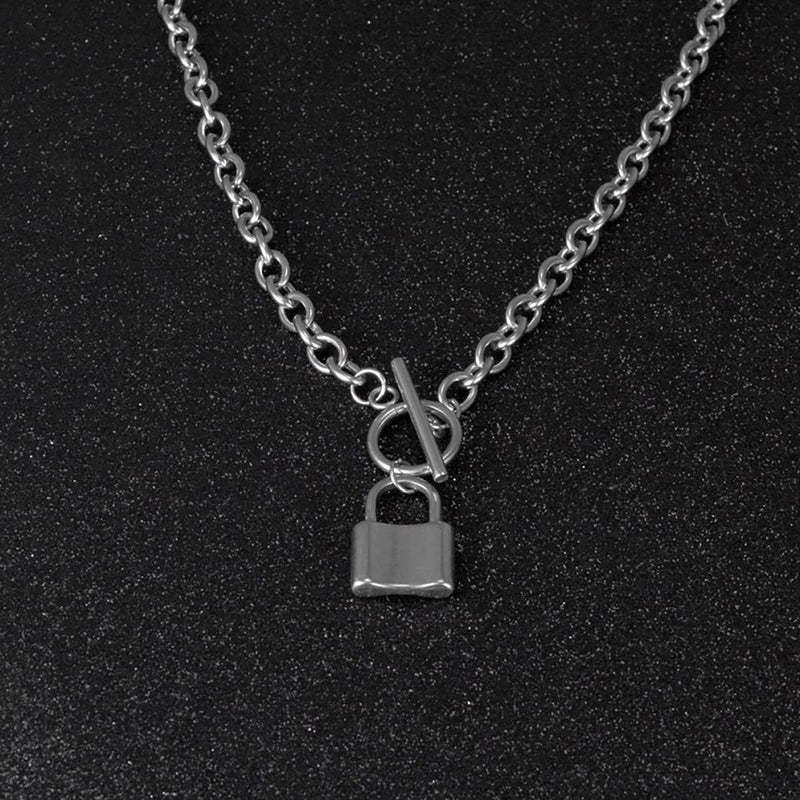 [Australia] - SAKAIPA Lock Necklace Lock Key Pendant Necklace Long Chain Punk Multilayer Statement Choker Necklace for Women Men Boy Girls A-steel color, simple type-20 inches 