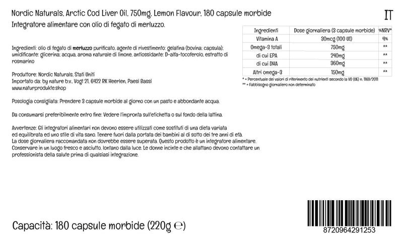 [Australia] - Nordic Naturals, Arctic Cod Liver Oil, 750mg Omega-3 from Cod Liver Oil, with EPA and DHA, Lemon Flavour, 180 Softgels, Lab-Tested, Soy Free, Gluten Free, Non-GMO 