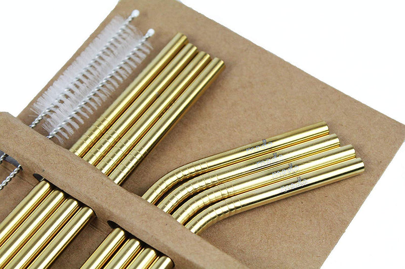[Australia] - Stainless Steel Straw, Gold Eco Friendly Reuseable Metal Drinking Straws 8.5 inch with 2 Cleaning Brush (8 Pack – 4 Straight – 4 Curved) 