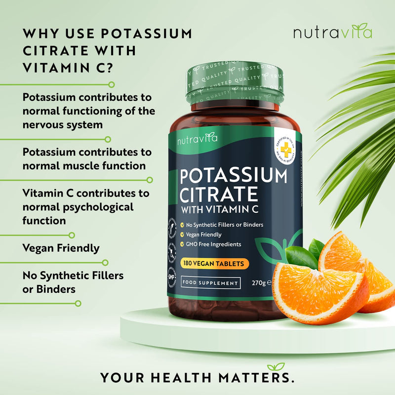 [Australia] - Potassium Citrate with Vitamin C - 180 Vegan Tablets - High Strength Potassium Supplement - Natural Electrolytes Support - Superior Absorption - Vegan Potassium Tablets - Nutravita 