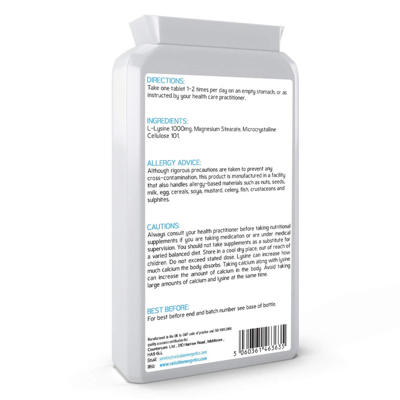 [Australia] - L-Lysine Tablets 1,000mg 90 Tablets - High Strength Essential Amino Acid Promoting Absorption of Calcium and Healthy Hormonal Stress Responses 