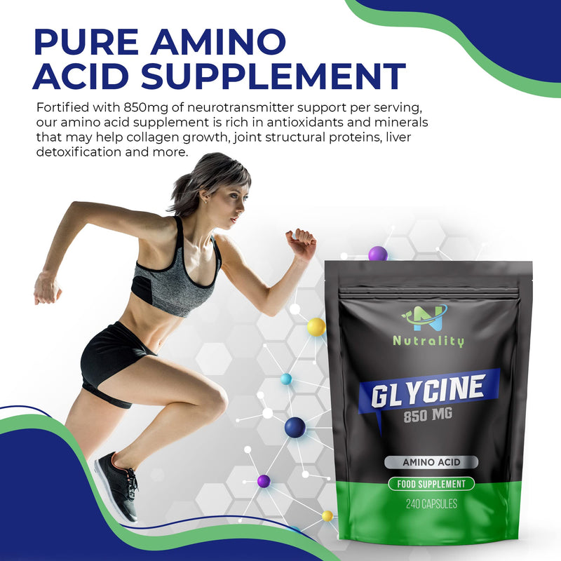 [Australia] - Nutrality Glycine Supplement, 850 mg per Serving, Amino Acid Neurotransmitter and Nervous System Support, Sleeping Aid, and Liver Detoxification, 240 Capsules 