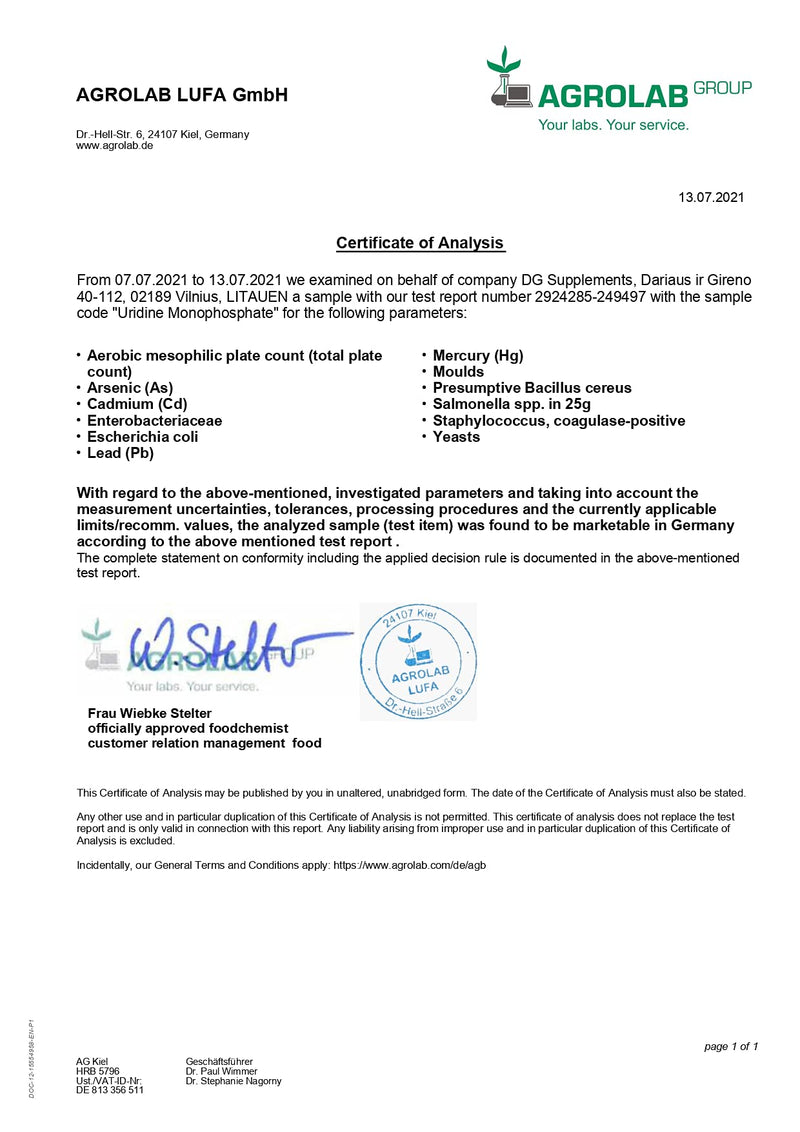 [Australia] - Uridine Monophosphate 250mg 60 Capsules, Certificate of Analysis by AGROLAB Germany, High Strength, Gluten, GMO Free 