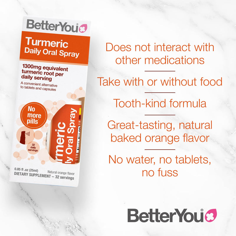 [Australia] - BetterYou Turmeric Daily Oral Spray | Vegan Turmeric Curcumin Supplement | 1,300 mg Equivalent Turmeric Root Per Dose | 25ml | 32 Daily Doses | Natural Orange Flavour 