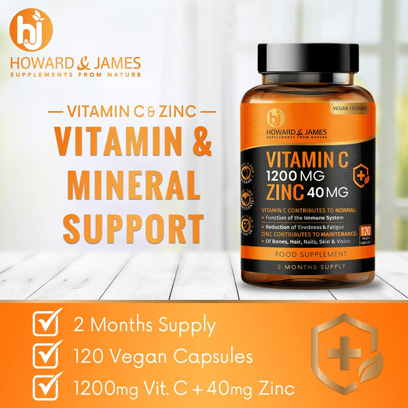 [Australia] - Vitamin C 1200mg and Zinc 40mg per Daily Serving - 120 High Strength Vegan Capsules with Ascorbic Acid - 2 Month Supply - Made in The UK by Howard & James 