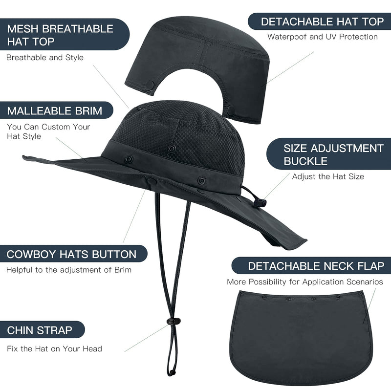 [Australia] - HITRO Sun Fishing Hat, UPF50+ Variable Wide Brim, Removable Top and Neck Flap Black 
