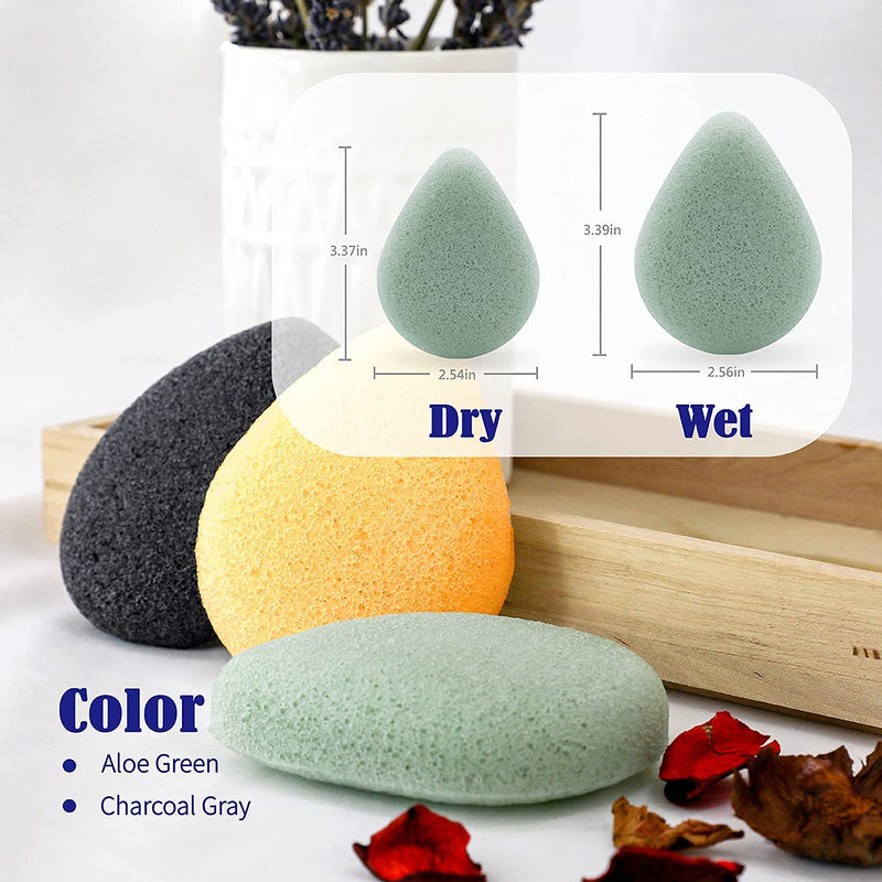 [Australia] - Natural Konjac Facial Sponges – Teardrop Shape - for Gentle Face Cleansing and Exfoliation - with Activated Charcoal and Aloe Vera, 4pc Set 2 Aloe Green, 2 Charcoal Gray 