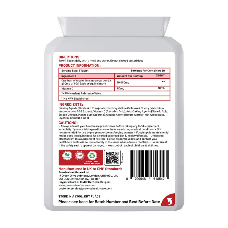 [Australia] - Double Strength Cranberry Tablets 10,000mg I 90 Cranberry Tablets High Strength with Added Vitamin C I Made in The UK by Prowise Healthcare 