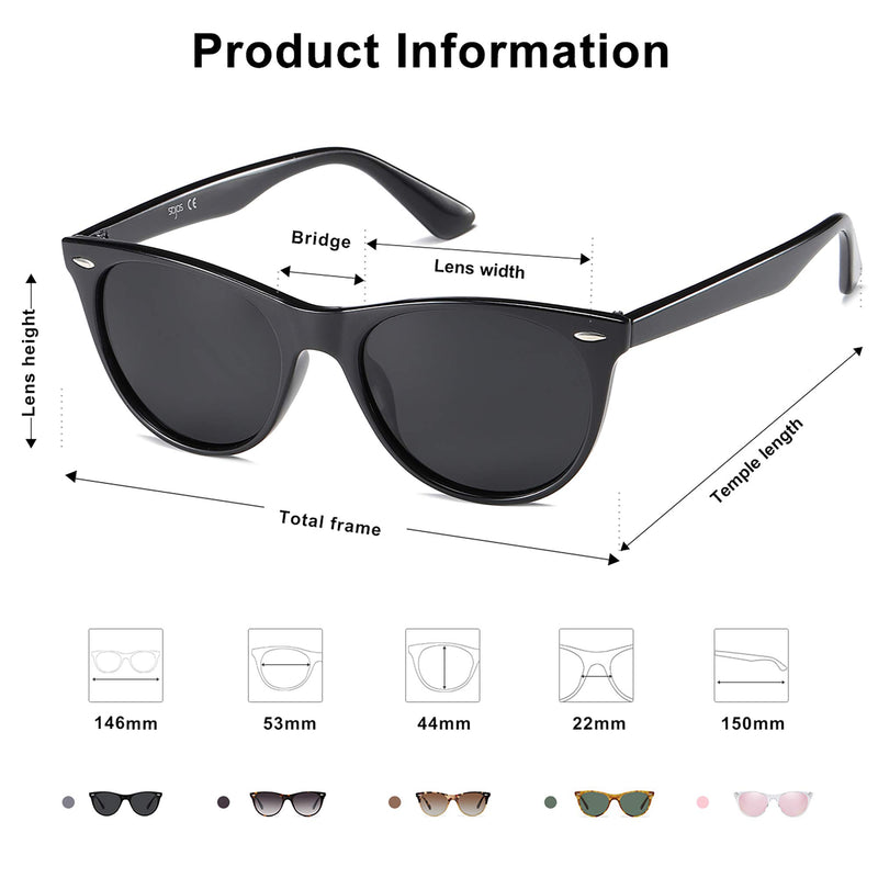 [Australia] - SOJOS Classic Retro Polarized Sunglasses Small Vintage UV400 Glasses CELEB SJ2076 C1 Black Frame/Grey Lens 53 Millimeters 