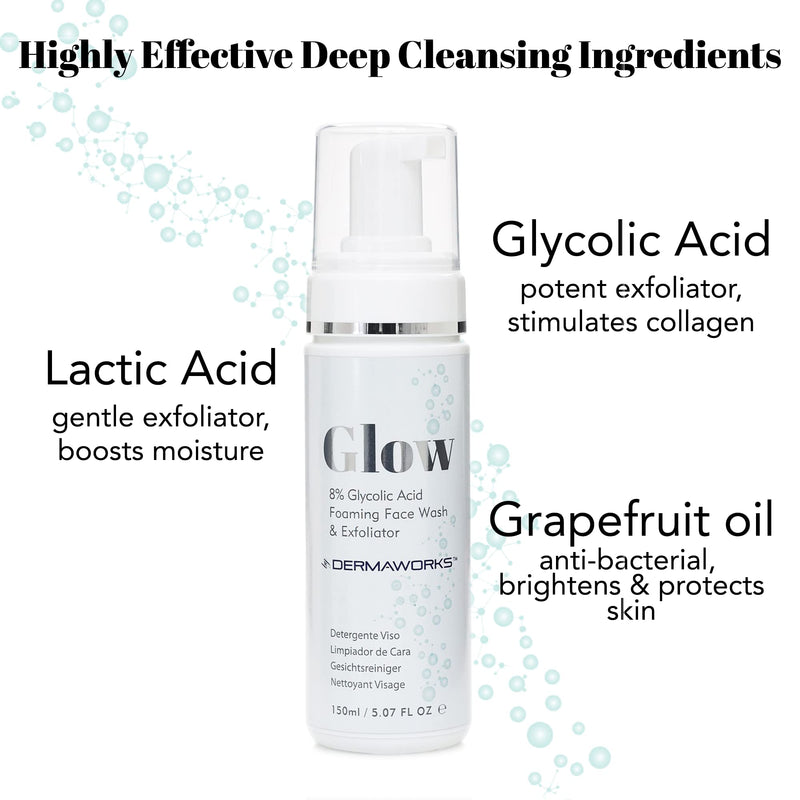 [Australia] - GLOW by DERMAWORKS - 8% Glycolic Acid Foaming Face wash and Exfoliator Facial Cleanser with Lactic Acid - Pore Cleaner, Blackhead Remover, Acne Treatment 