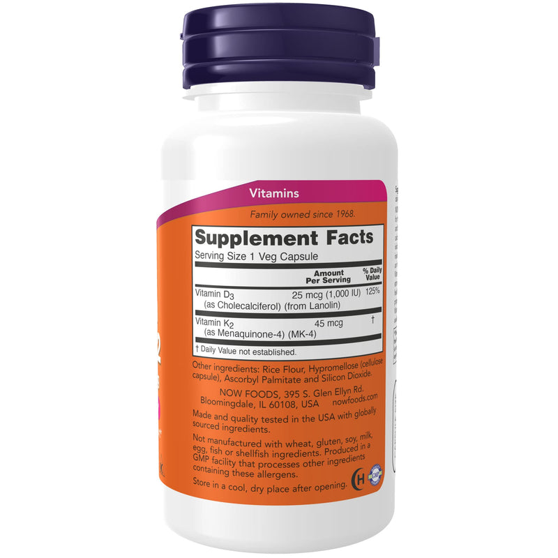 [Australia] - NOW Supplements, Vitamin D-3 & K-2, 1,000 IU/45 mcg, Plus Cardiovascular Support*, Supports Bone Health*, 120 Veg Capsules 