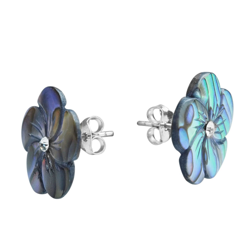 [Australia] - Peacock Abalone Plumeria Flower Carved .925 Sterling Silver Post Earrings 