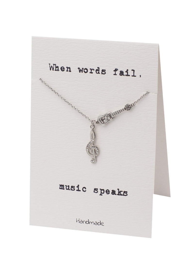 [Australia] - Quinnlyn & Co. Treble Note and Guitar Pendant Musical Note Necklace, Gifts for Music Teacher with Inspirational Music Quote on Greeting Card, Adjustable 16" to 18" in Silver Tone 