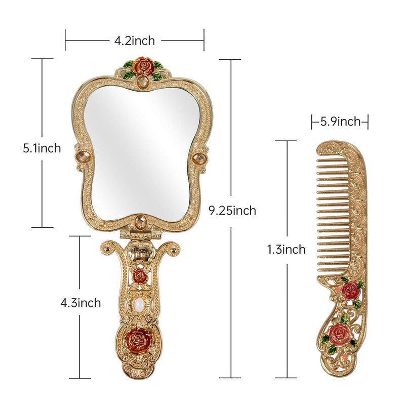 [Australia] - Vintage Handheld Mirror Rose Metal Mirror Comb Set YUSONG Folding Mirror Handheld Mirror Embossed Rose Antique Vanity Mirror Hand Mirror for Women Travel Vanity Mirror with Handle (Gold) Gold 