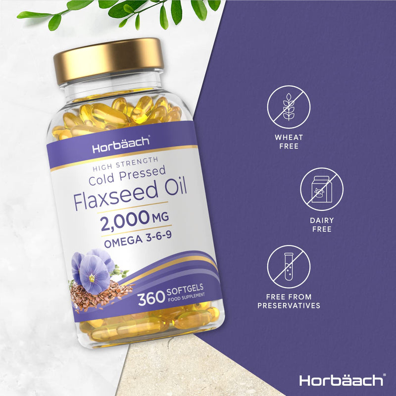 [Australia] - Flaxeed Oil Capsules 2,000mg | 360 Cold Pressed Liquid Softgels Omega 3-6-9 | High Strength ALA | by Horbaach 360 Count (Pack of 1) 