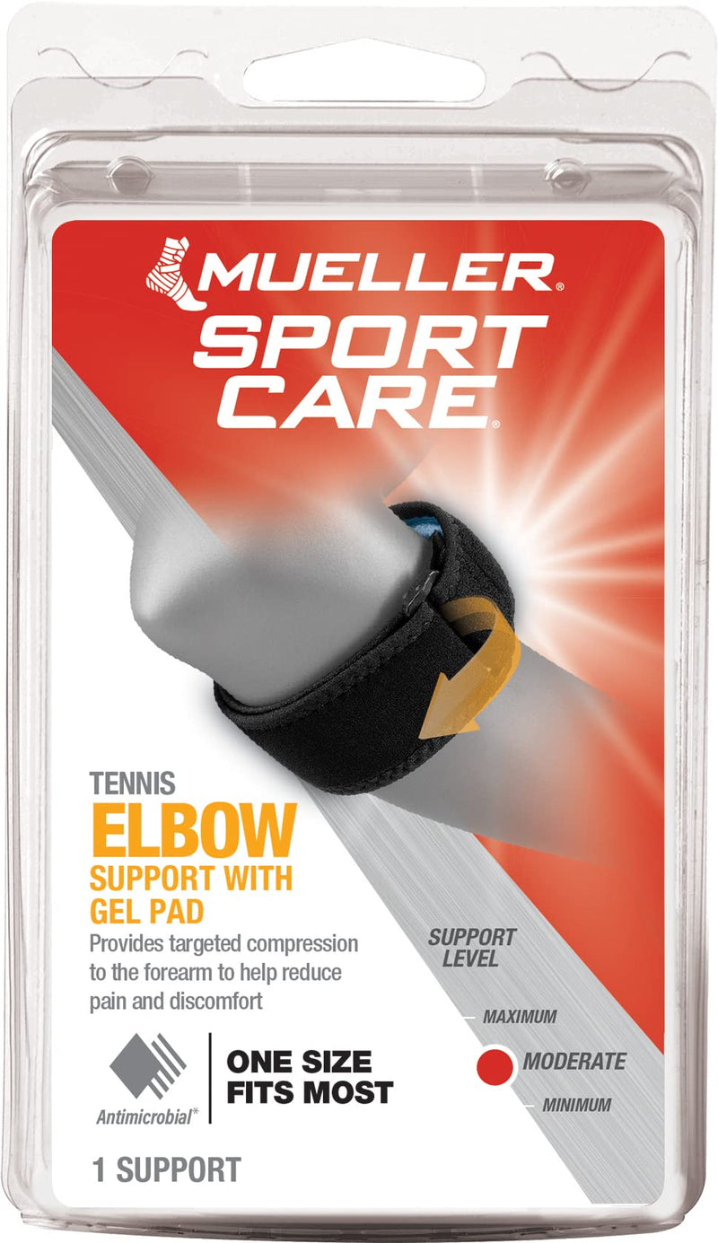 [Australia] - MUELLER Tennis Elbow Support with Gel Pad, Black, One Size Fits Most 