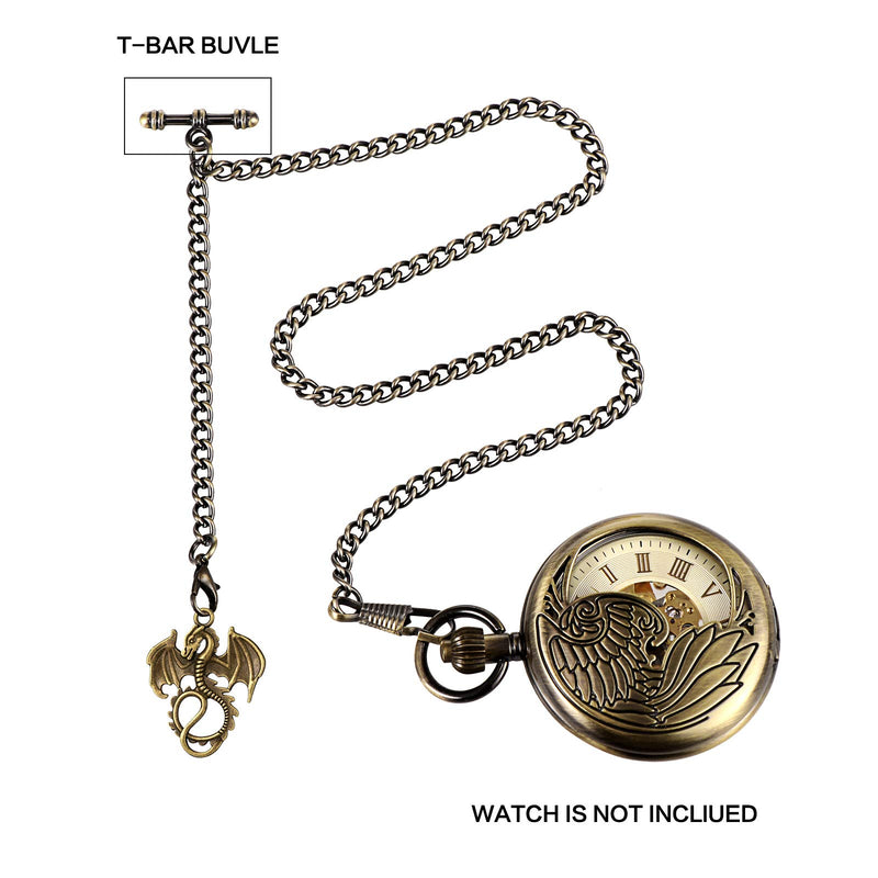 [Australia] - TREEWETO Men's Albert Chain Pocket Watch Curb Link Key Chain 2 Hooks with Antique Dragon Pendant Design Charm Fob T Bar Bronze 