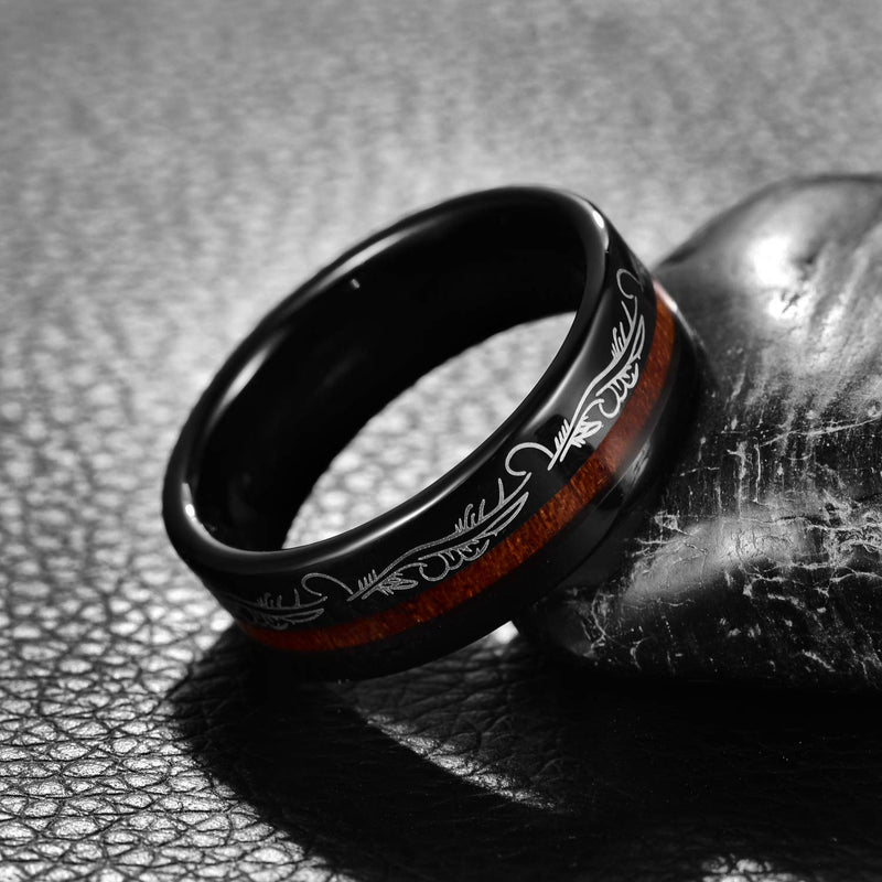 [Australia] - MEILING LINGMEI 8mm Men's Black Tungsten Carbide Wedding Band Koa Wood Inlay Flower Pattern Design Engagement Ring Comfort Size 7-12 