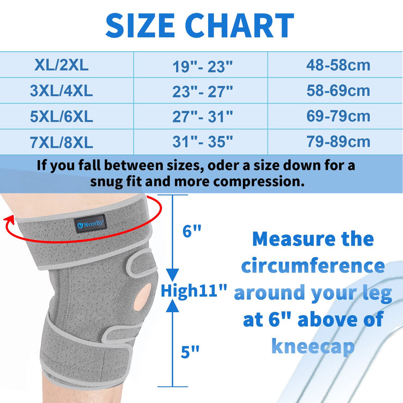 [Australia] - Nvorliy Plus Size Adjustable Knee Brace - Lengthened and Widened Design, Extra Large Open Patella Knee Support for Running, Sports, Arthritis, ACL, LCL, MCL, Pain Relief, Fit Women & Men (XL/2XL, Grey) XL/2XL 