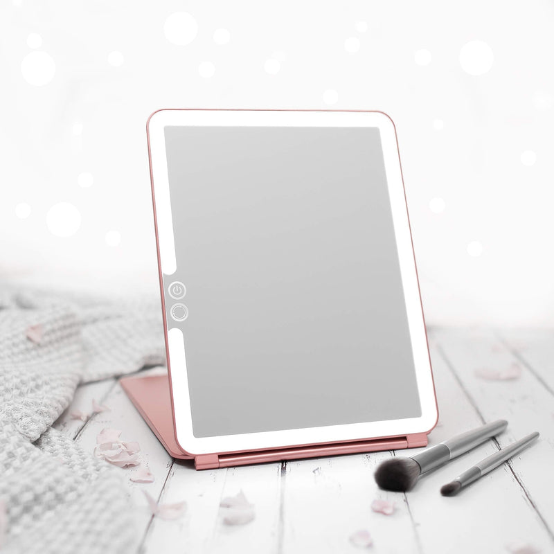 [Australia] - LUNA London Eclipse LED Lighted Travel Vanity Makeup Mirror | 3 Colour Light, Compact, Portable, Lighted, Rechargeable, Illuminated Mirror | Perfect for Travel, Makeup & Beauty Needs | Rose Gold 