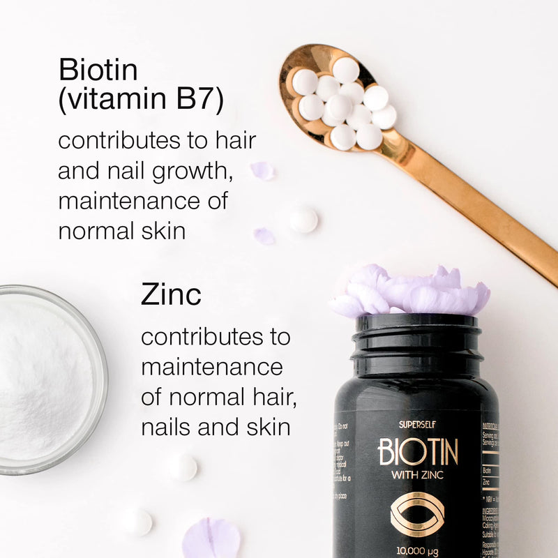 [Australia] - Biotin Hair Growth Tablets - Hair Skin and Nails Vitamins for Women & Men - 180 Biotin Tablets with Zinc 10000 mcg - High Strength Biotin Supplements - UK Made - Superior Absorption 