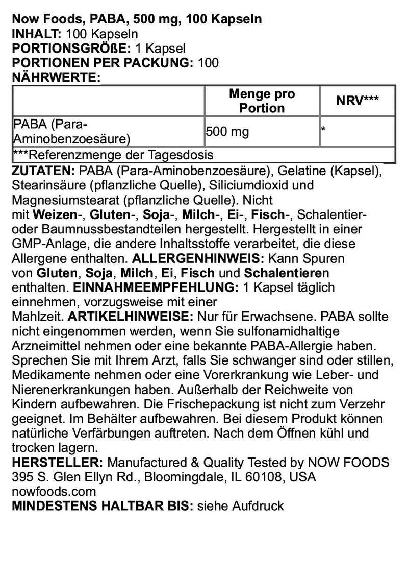 [Australia] - NOW Supplements, PABA (Para-Aminobenzoic Acid) 500 mg, B-Complex Family, 100 Capsules 1 