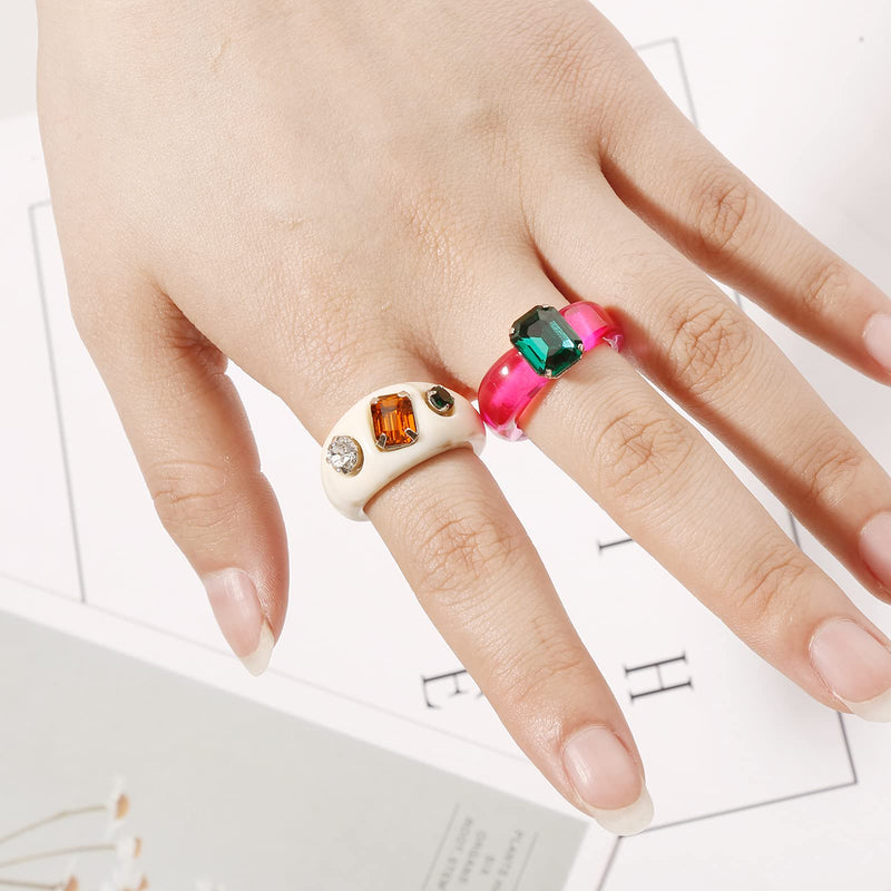 [Australia] - 2 Pcs Resin Acrylic Diamond Fruit Rings Set Colorful Index Finger Ring Cute Transparent Plastic Band Ring Jewelry Trendy Unique Square Gem Ring for Teen Girls and Women（6-9） Ring A 6 