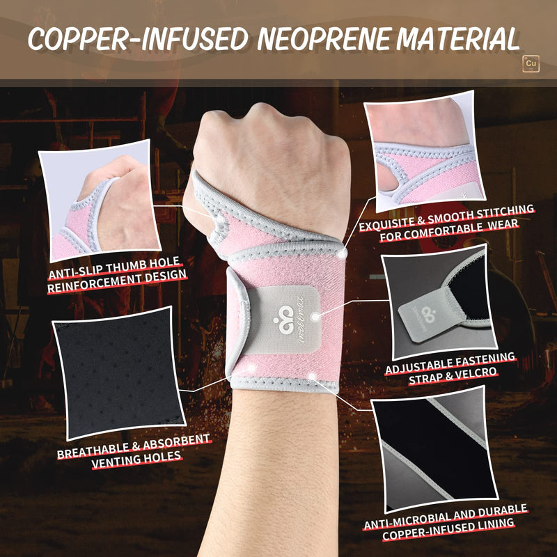 [Australia] - INDEEMAX 2 Pack Copper Wrist Brace Support for Carpal Tunnel, Pain Relief, Arthritis, Tendonitis, Adjustable Wrist Braces Compression Wraps Both Hands, Fit for Men and Women, Pink 