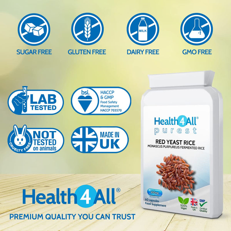 [Australia] - Red Yeast Rice 600mg 120 Capsules (V) . Purest- no additives. Vegan. Highest Safe Dosage 2400mg a Day. Made by Health4All 120 Count (Pack of 1) 