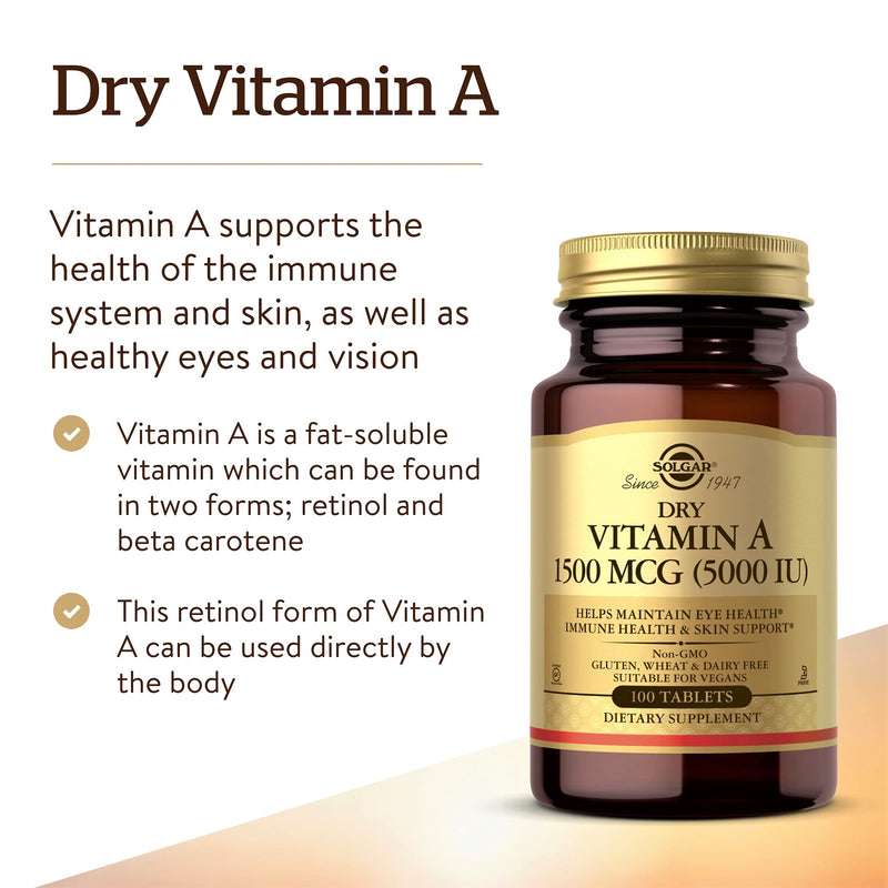 [Australia] - Solgar Dry Vitamin A 1500 mcg (5000 IU), 100 Tablets - Supports Healthy Eyes, Skin & Immune System - Non-GMO, Vegan, Gluten Free, Dairy Free, Kosher - 100 Servings 