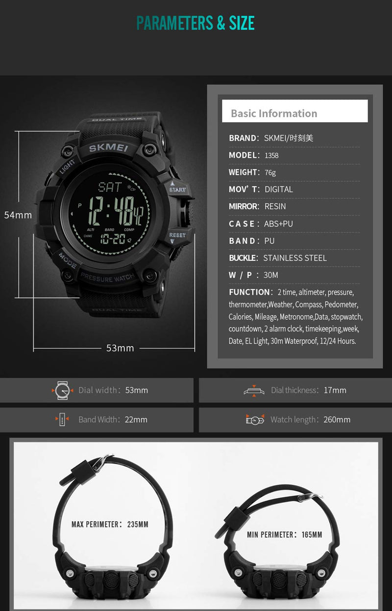 [Australia] - Mens Outdoor Sports Army Watches Pedometer Calories Digital Watch Altimeter Barometer Compass Thermometer Weather Men Watch Blue 